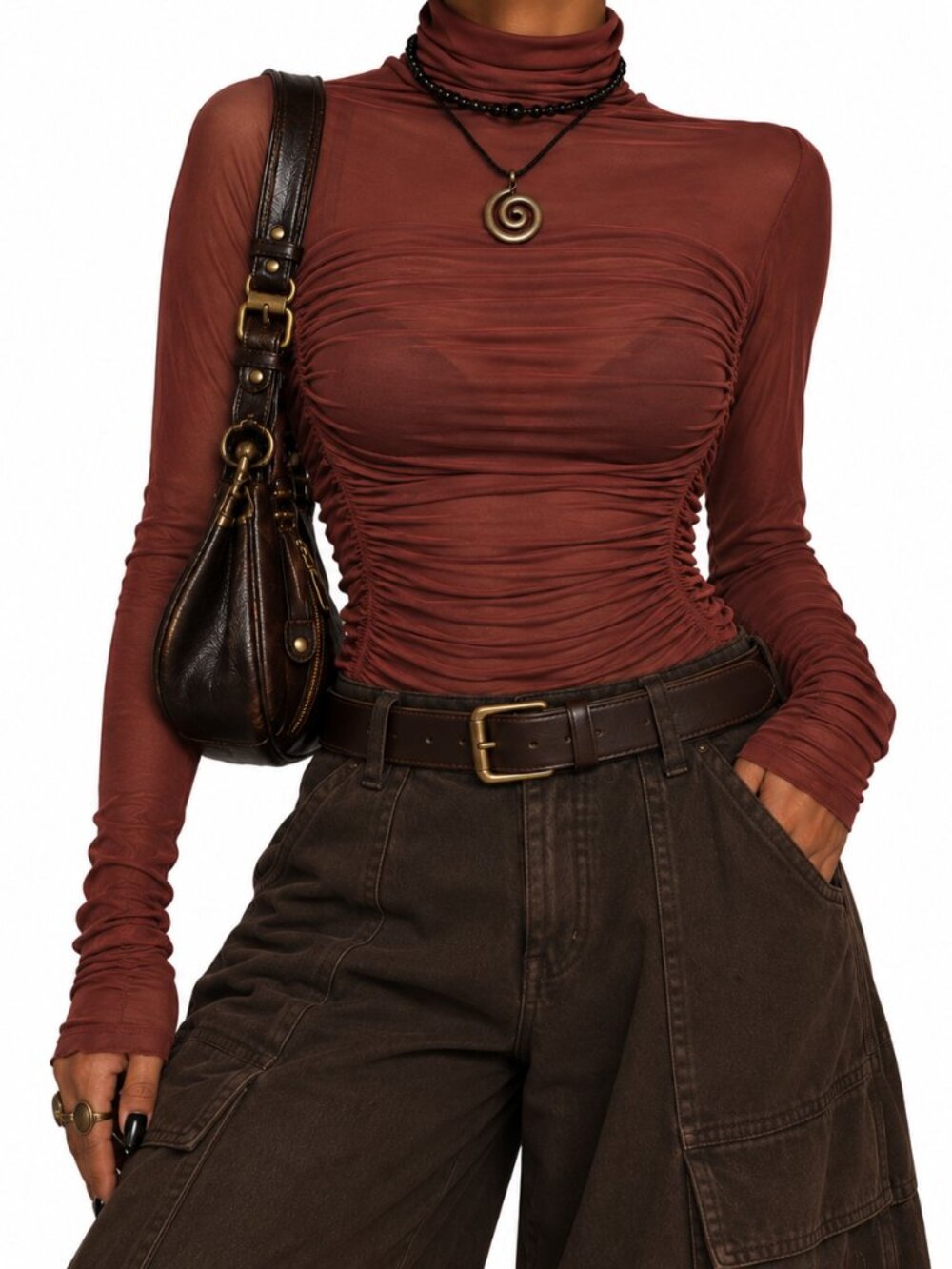 Free People Intimately Brown Sheer Mesh Ruched Turtleneck Bodysuit | Size M